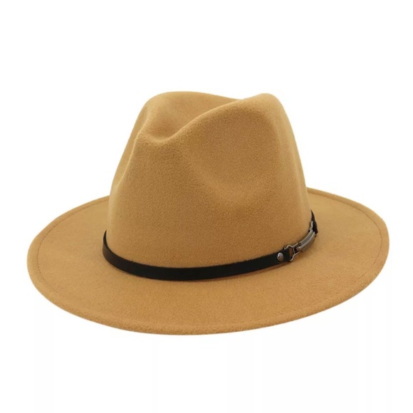 TAN FEDORA WITH BLACK STRAP-STRUCTURED HAT-NEW - Picture 3 of 5